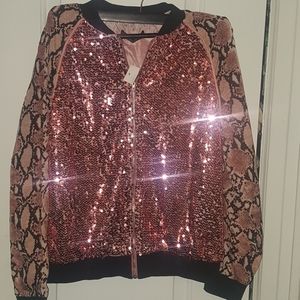 PINK SNAKE AND SEQUIN BOMBER JACKET